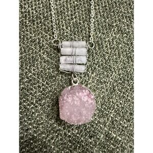 Handmade Rose Quartz Druzy Necklace | Wire Wrapped Quartz | Boho Crystal Pendant